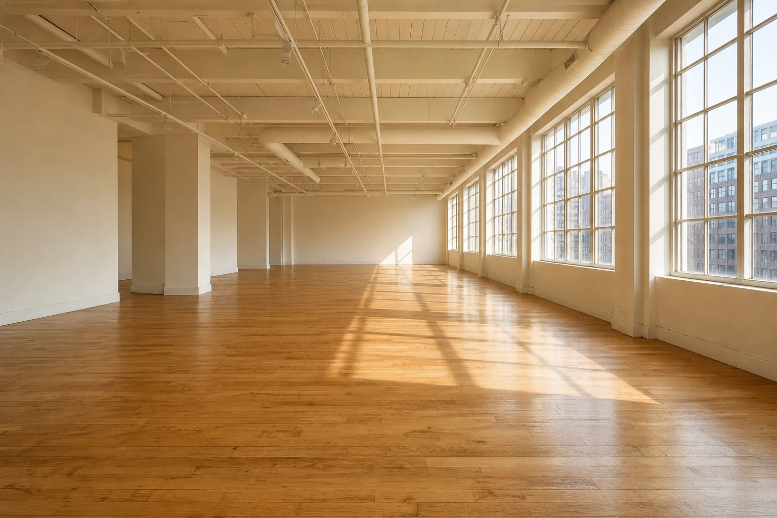 Illustration of a vacant Class A creative-office floor with industrial windows and warm hardwood, before virtual staging