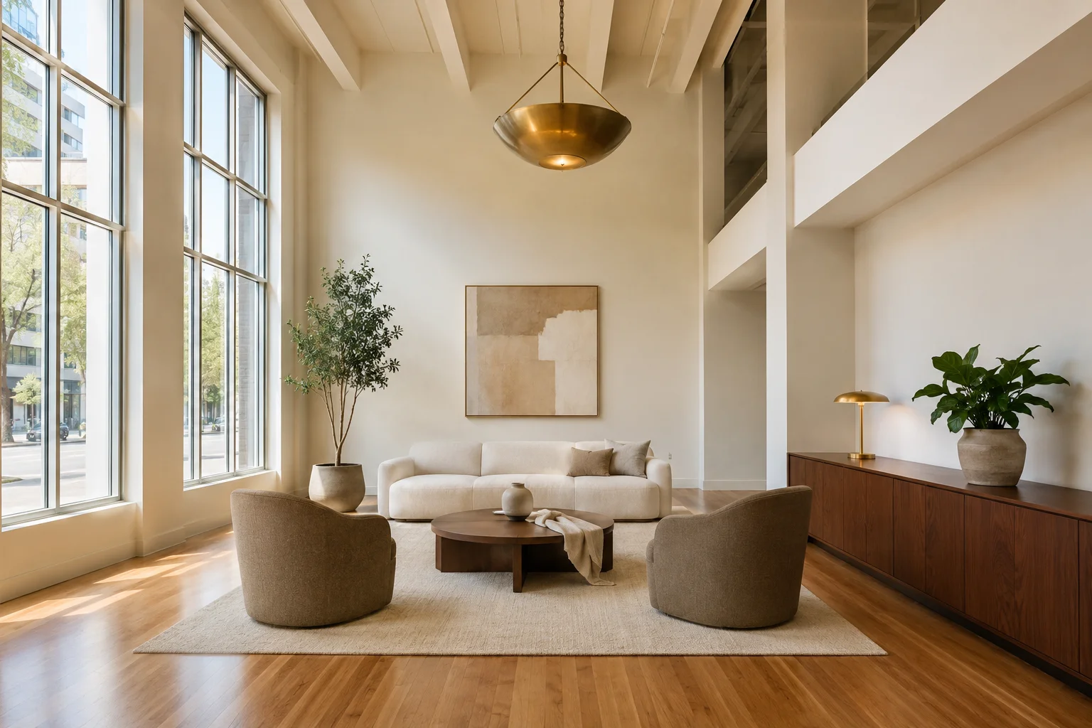 Illustration of a staged double-height multifamily building lobby with sofa, accent chairs, and console