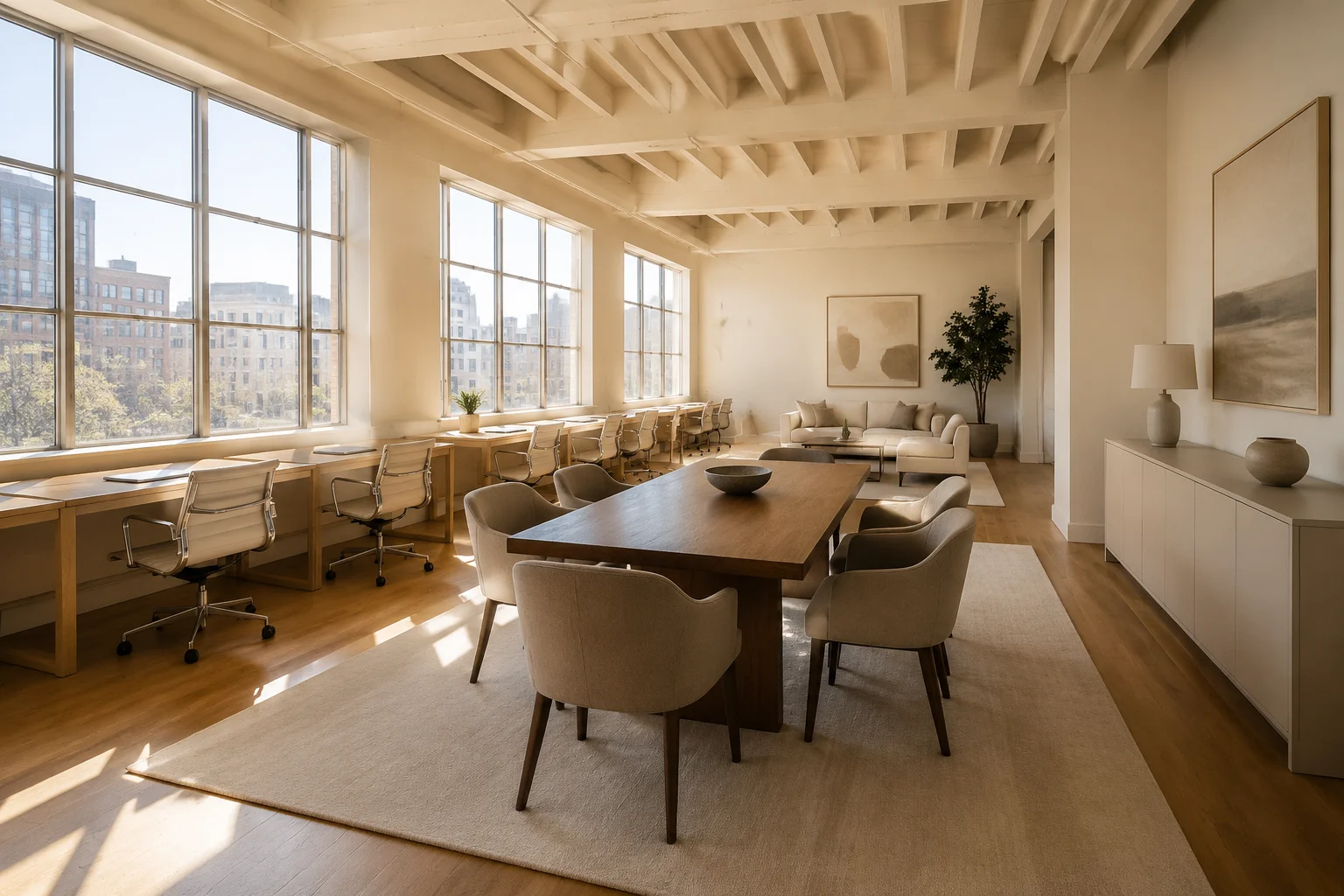 Illustration of a staged open-plan commercial office floor with workstations and conference table