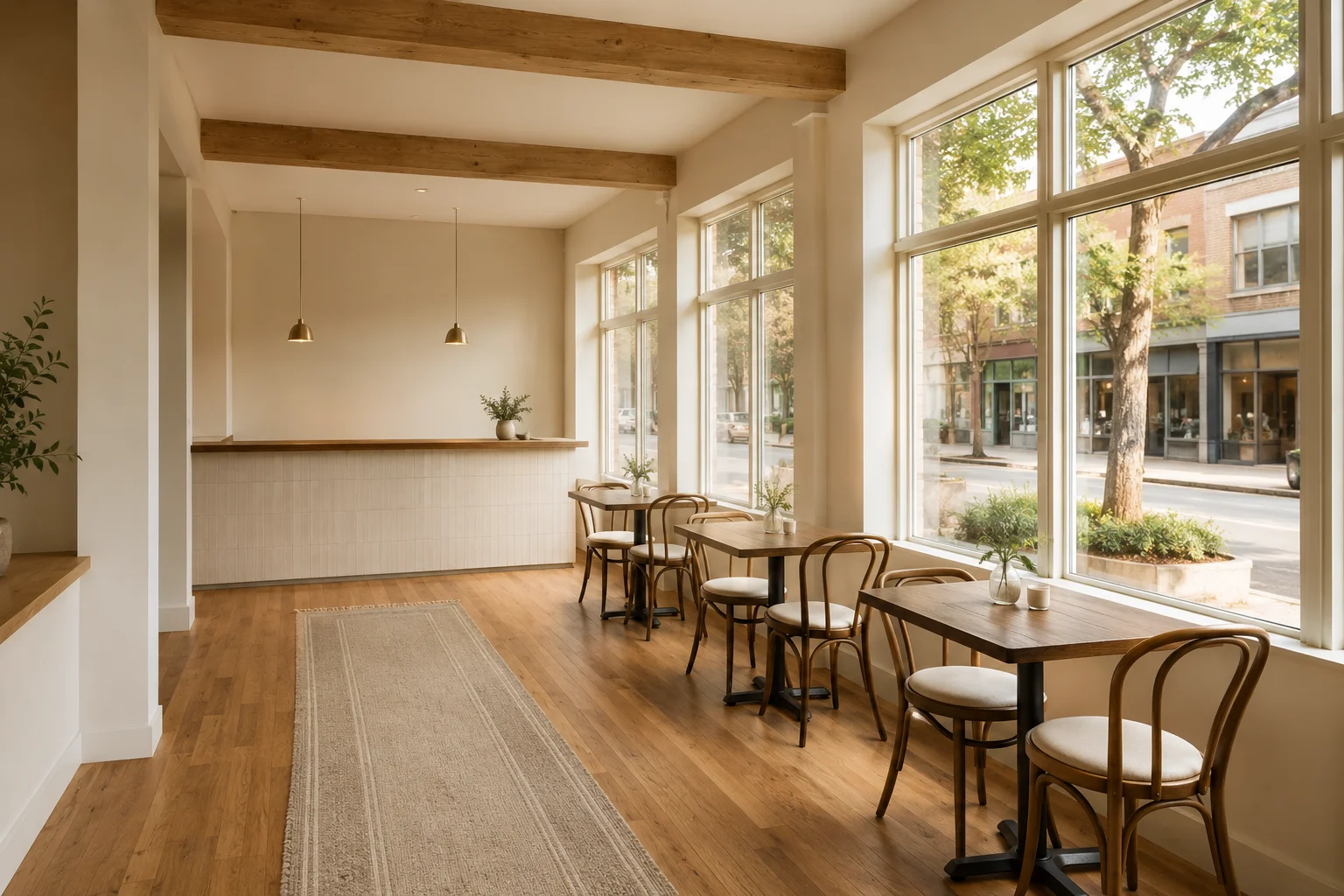 Illustration of a staged neighborhood-cafe restaurant space with bistro tables and a bar counter