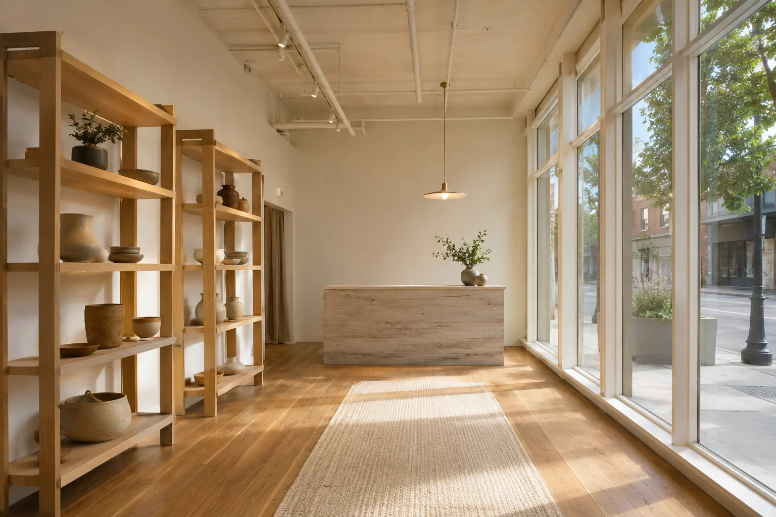 Illustration of a staged commercial retail bay with light-oak shelving and a wood counter