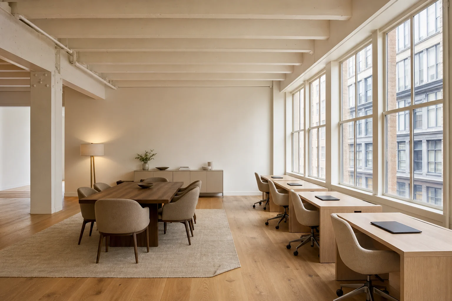 The same Class A office floor archetype virtually staged with workstations, a conference table, a credenza, and a rug — illustration