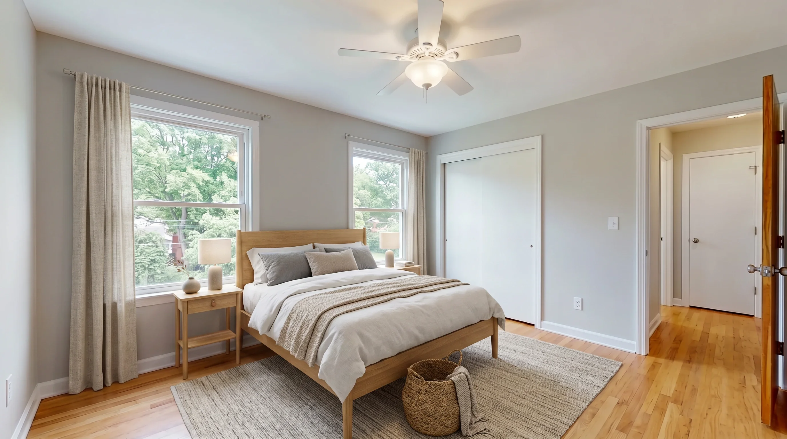 Same bedroom staged — a nightstand and lamp ended up near the window despite the instruction to keep that corner empty