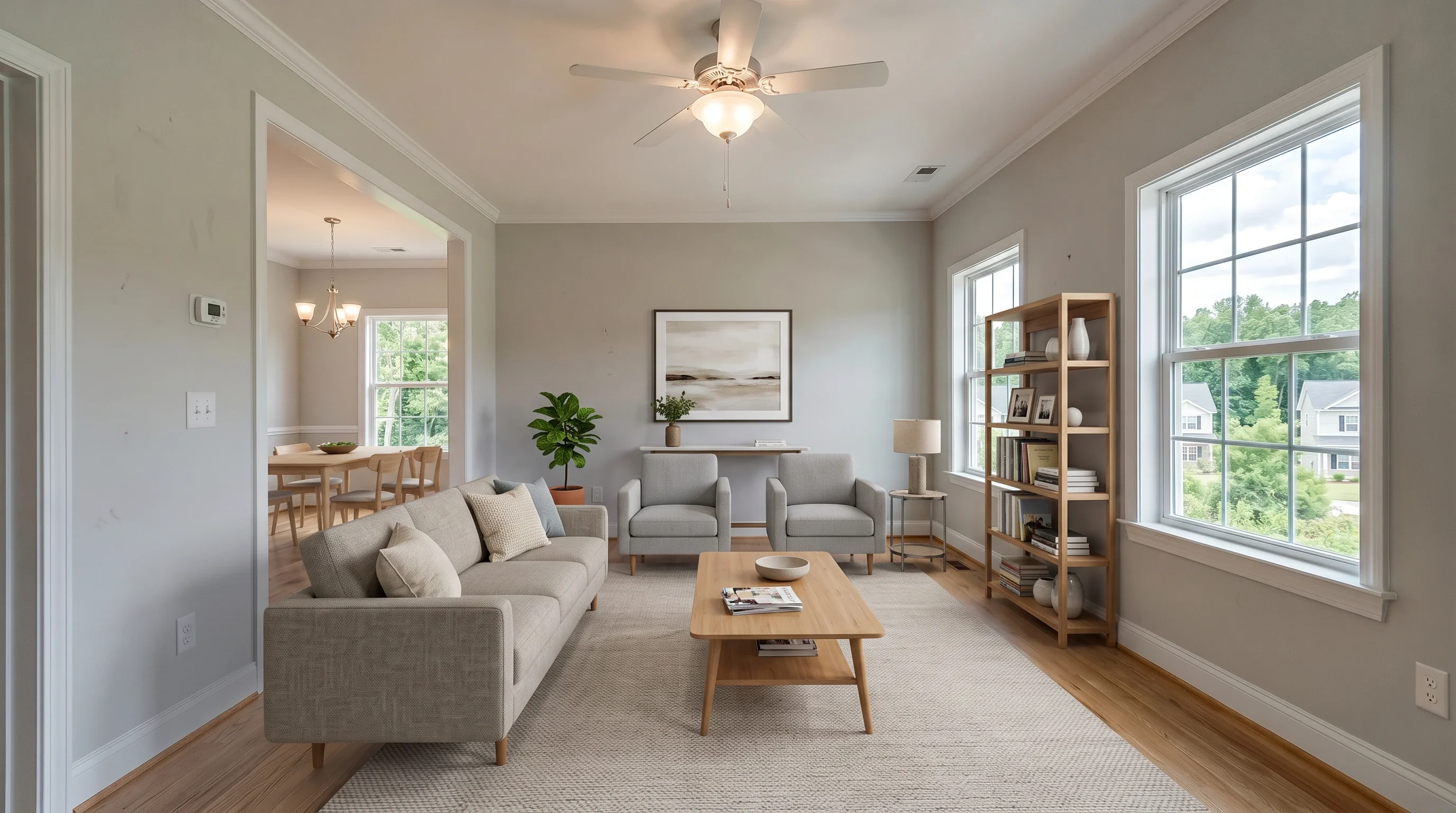 Same living room staged with a bookshelf placed against the right wall as instructed