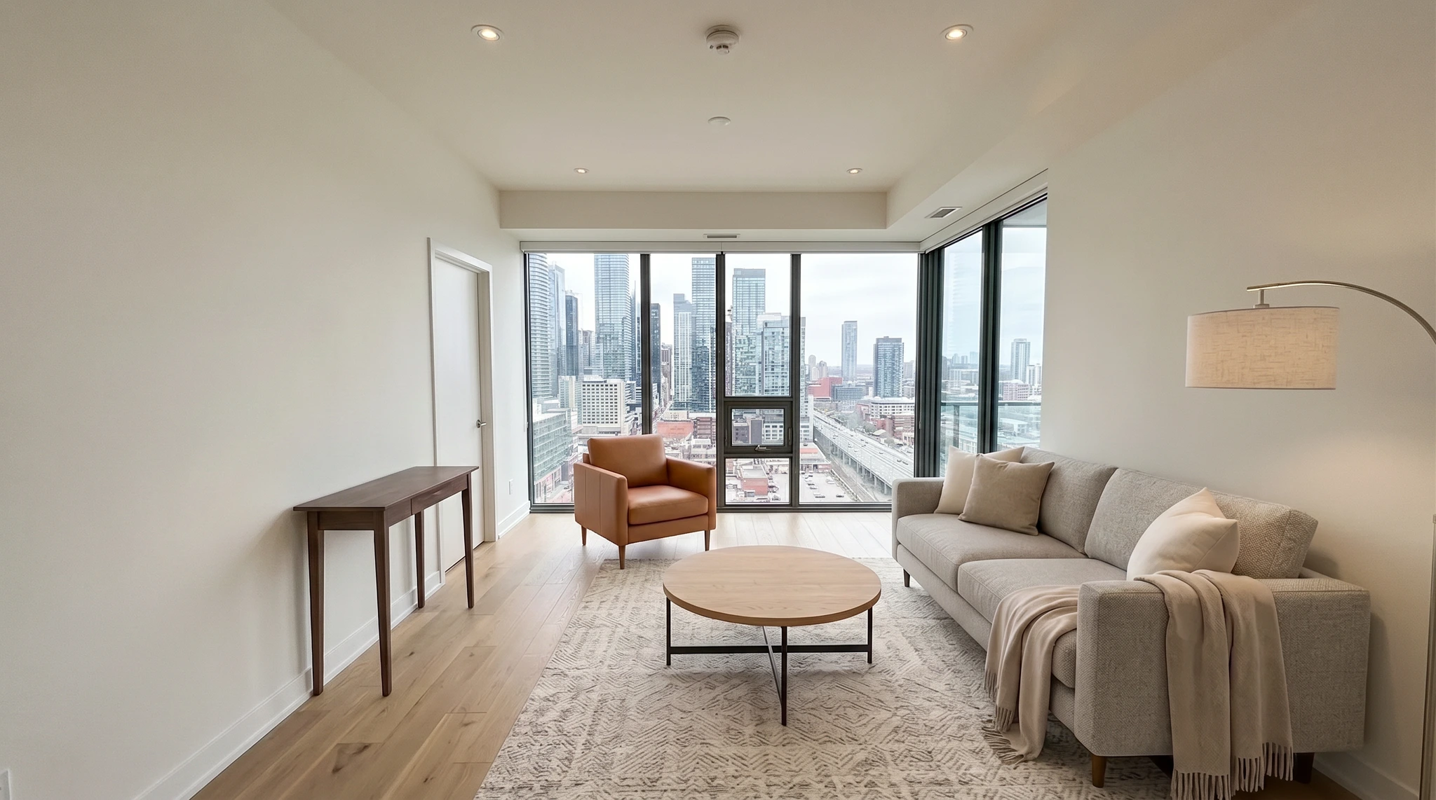 Same living room with clutter removed and main furniture kept, AI-decluttered listing photo