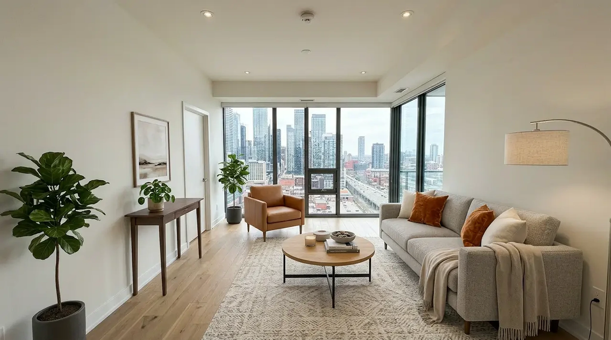Furnished living room with clutter and decor, before AI decluttering