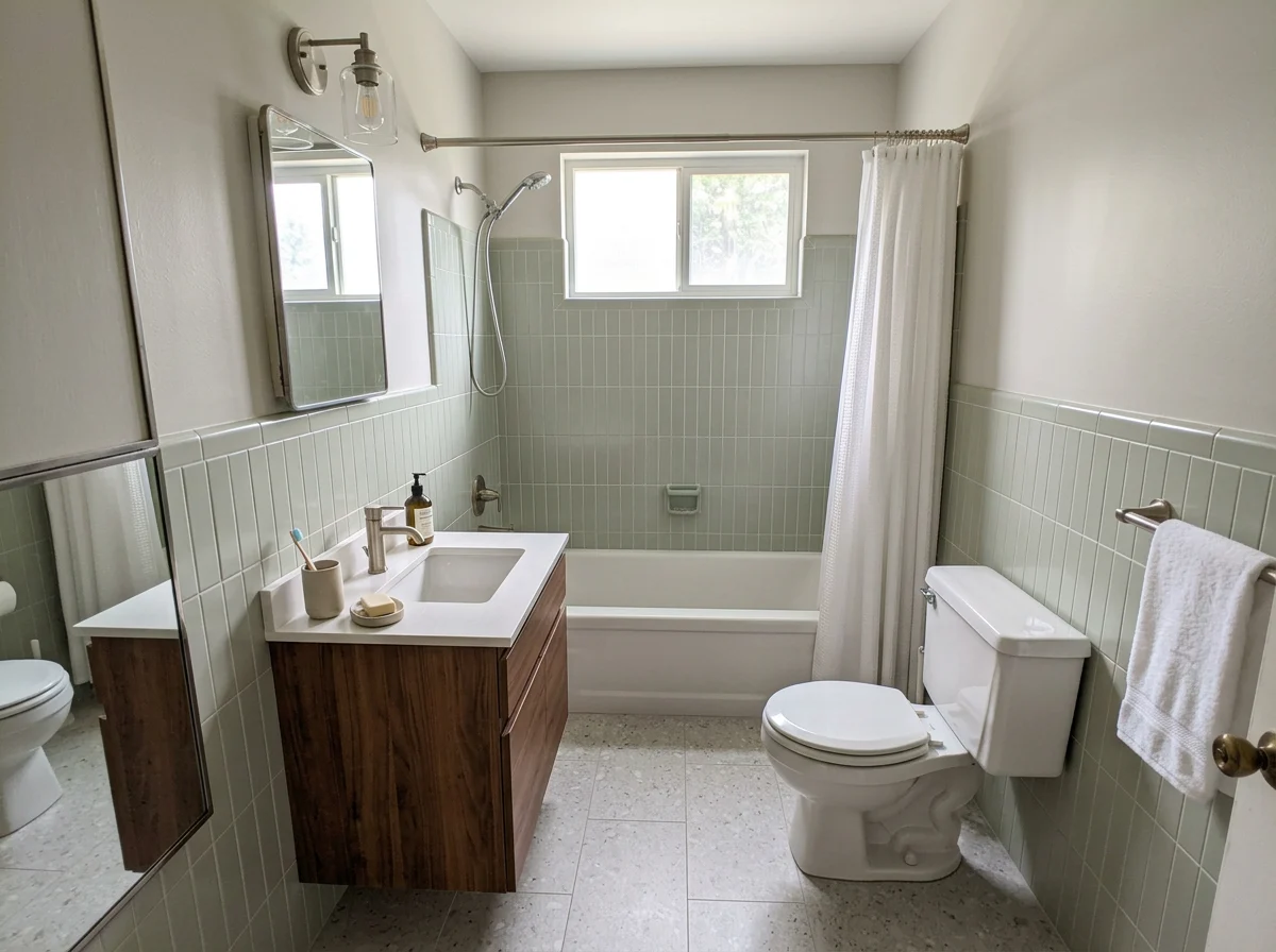 Same bathroom as an AI renovation concept with modern tile and vanity, layout unchanged