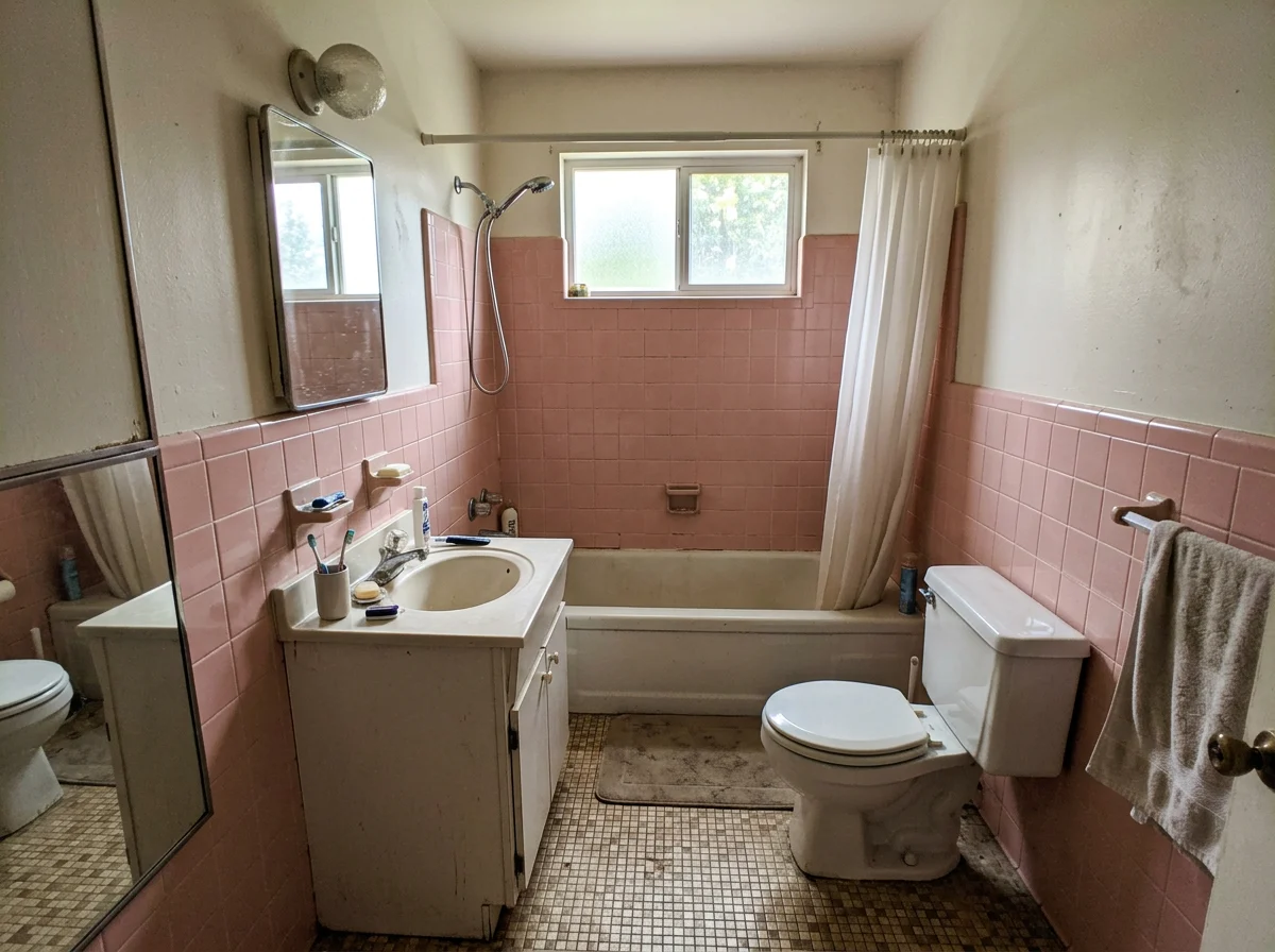 Dated pink-tile bathroom before AI virtual renovation, true current condition