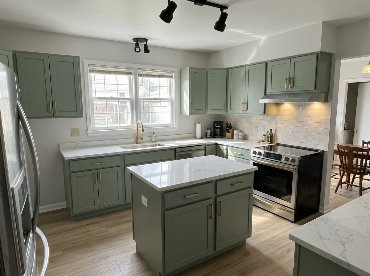 Same kitchen as an AI renovation concept with modern cabinets and finishes, geometry unchanged