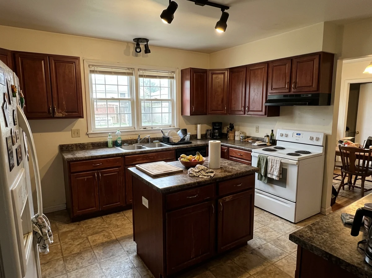 Tired dated kitchen before AI virtual renovation, showing its true current condition