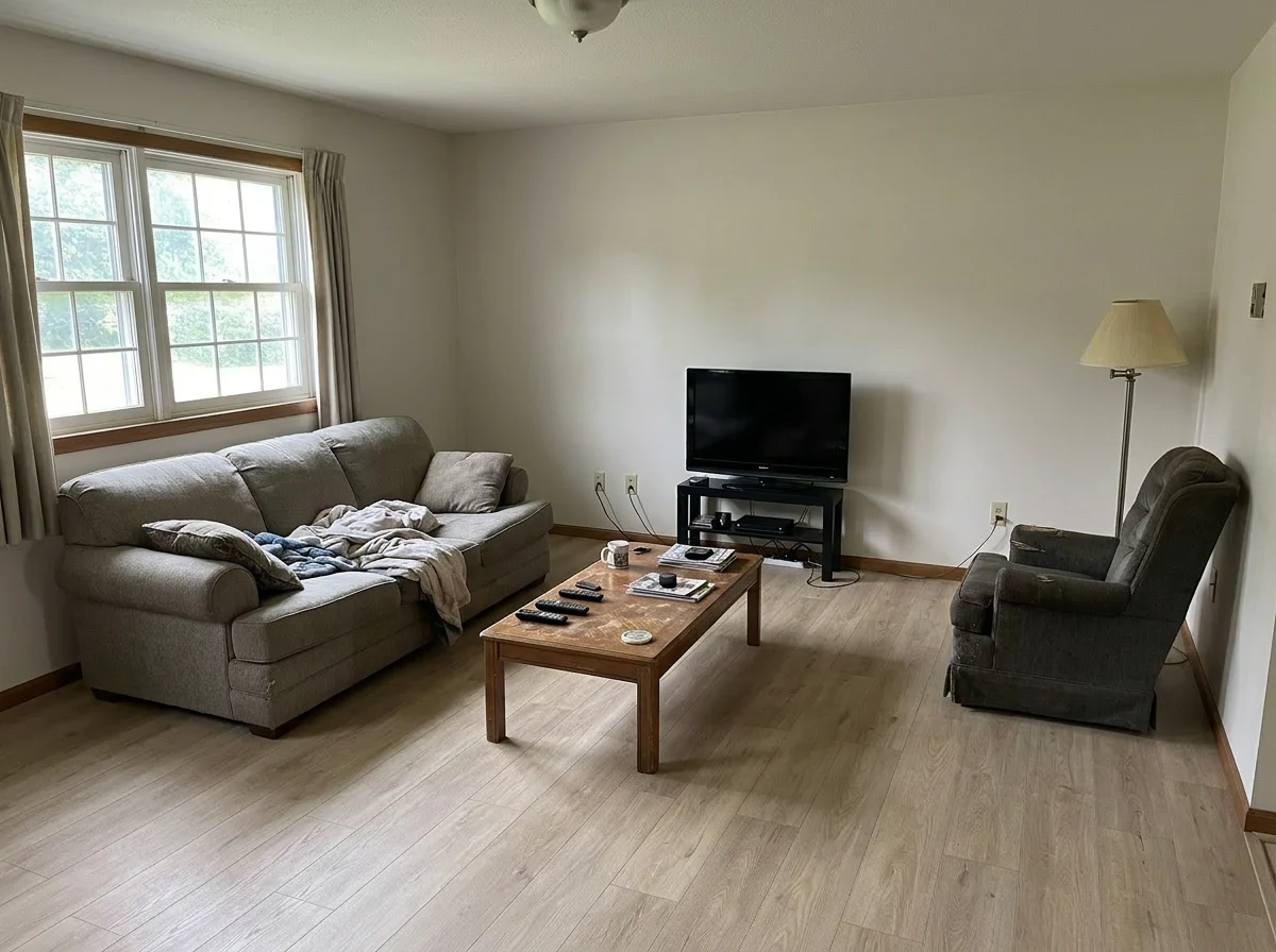 Same living room refreshed with new flooring and paint, furniture and layout unchanged