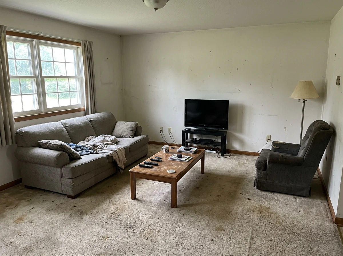 Worn-carpet living room before AI virtual renovation, true current condition