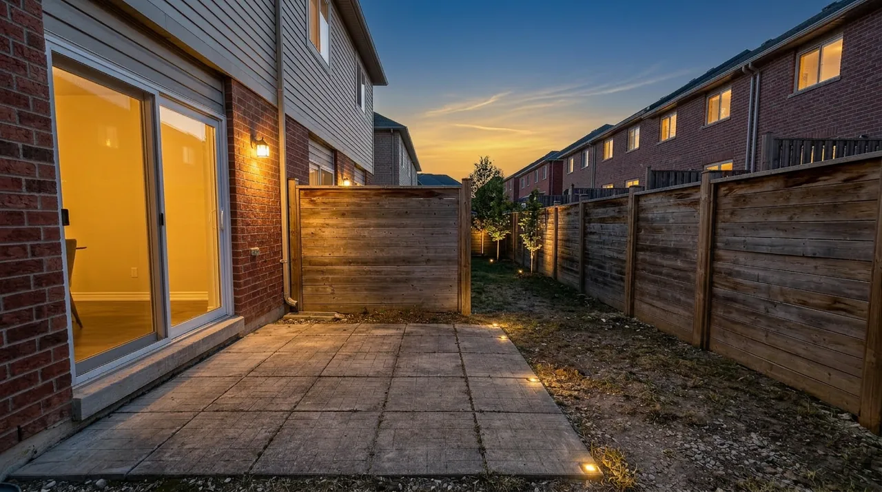 Same house with AI virtual twilight: warm glowing windows and a dramatic dusk sky