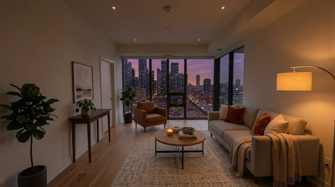 Same room with AI interior dusk mood lighting applied